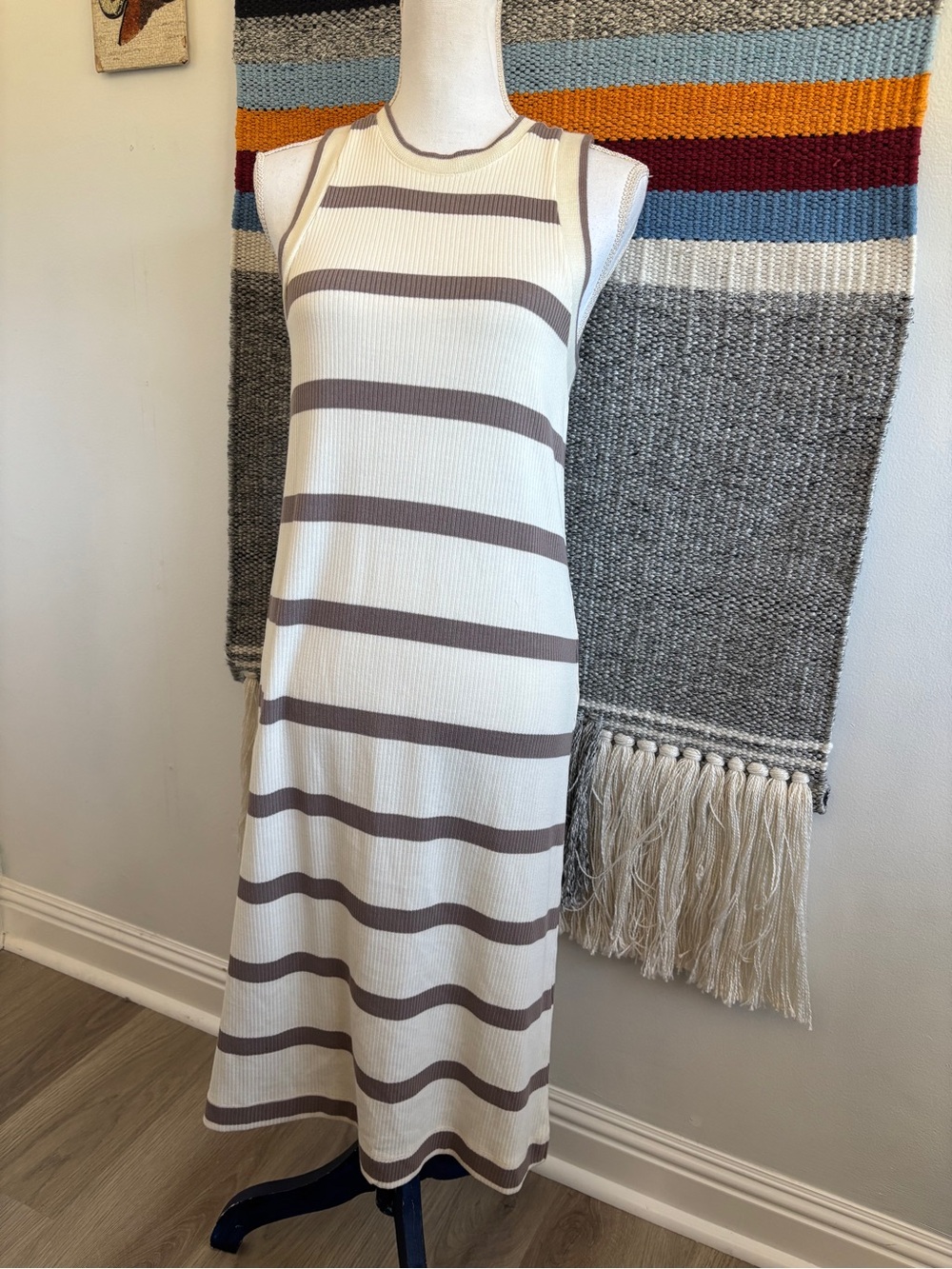 NWT Splendid Cream and Taupe Striped Ribbed Midi Dress